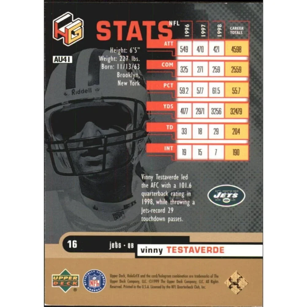 1999 Upper Deck HoloGrFX Ausome New York Jets Football Card #41 Vinny Testaverde